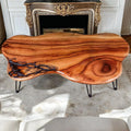 Natural Wood Coffee Table with Clear Lacquer Finish and Metal Hairpin Legs for Living Room - 16" Tall - Mesa de Centro para Sala