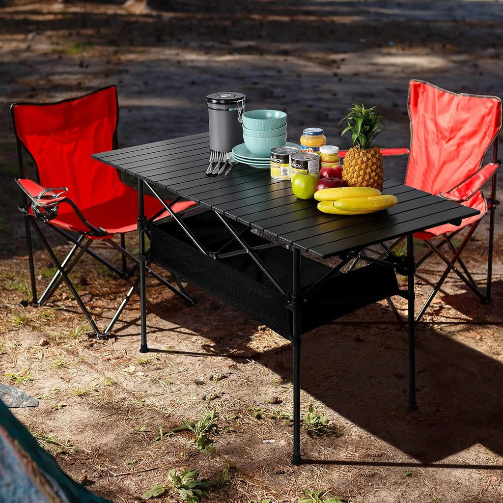 Portable Aluminum Roll-Up Camping Table - 46x27x22in Compact Backpacking Table, Lightweight Picnic Table for Outdoor (Black)