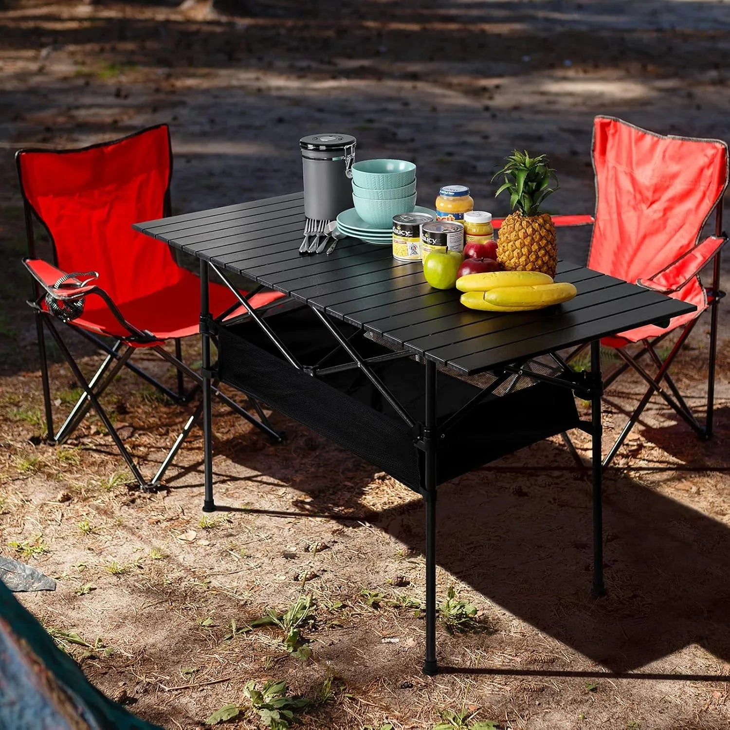 Portable Aluminum Roll-Up Camping Table - 46x27x22in Compact Backpacking Table, Lightweight Picnic Table for Outdoor (Black)