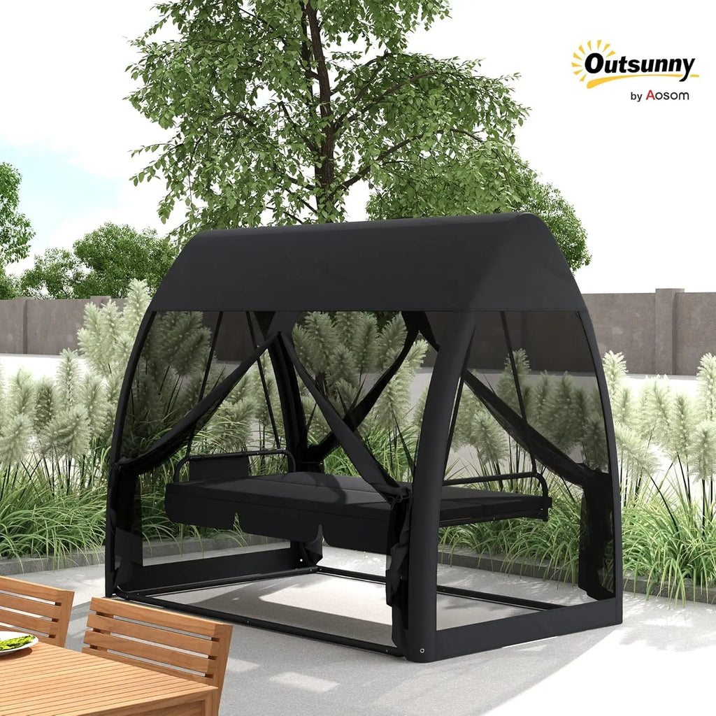 3-Seat Patio Swing Chair, Porch Swing Bed With Convertible Backrest, Cushion, Canopy, Side Pocket & Mesh Netting For Patio,