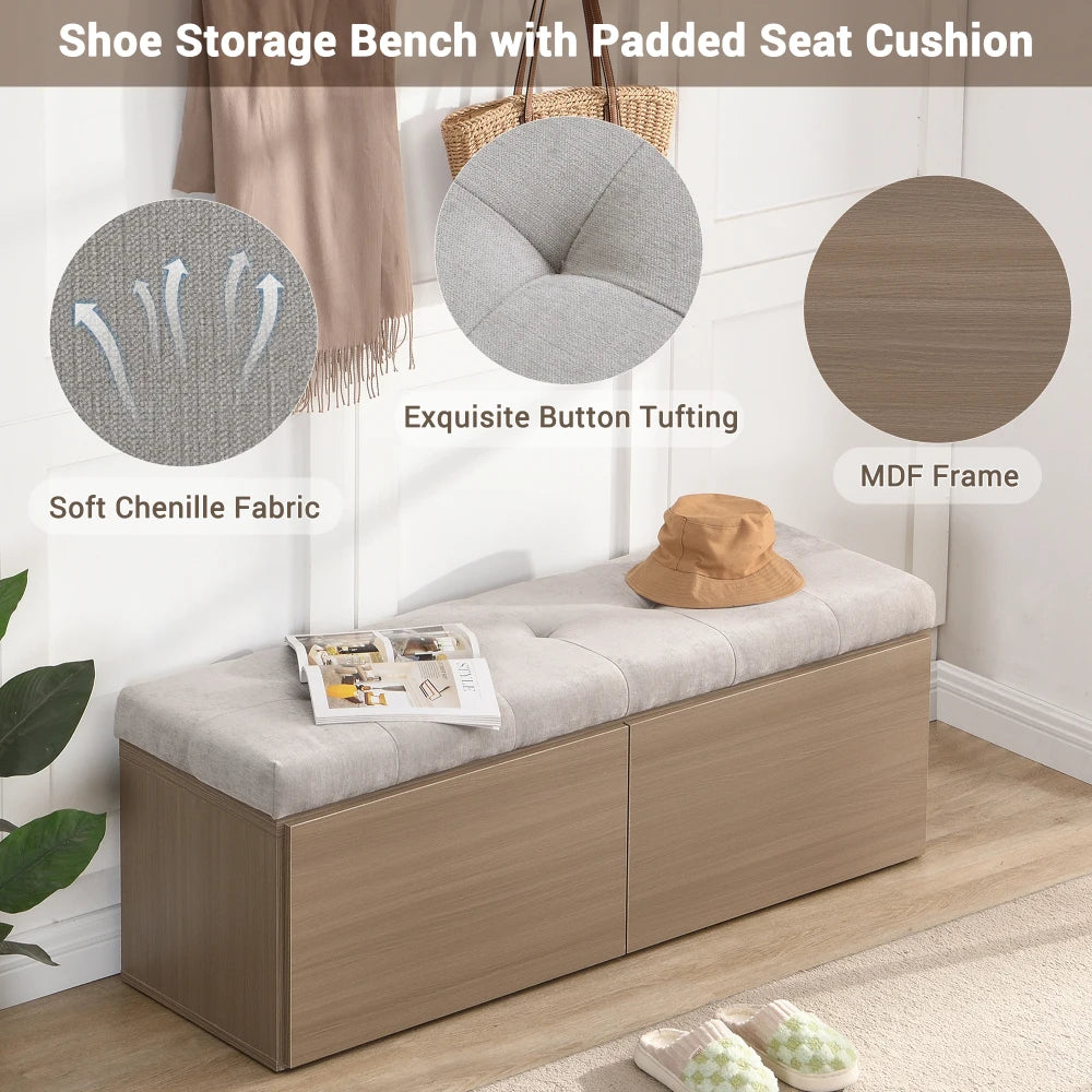 49" Shoe Storage Bench Entryway Shoe Cabinet Storage Ottoman Padded Seat Cushion Double Doors Entryway Hallway and Bedroom