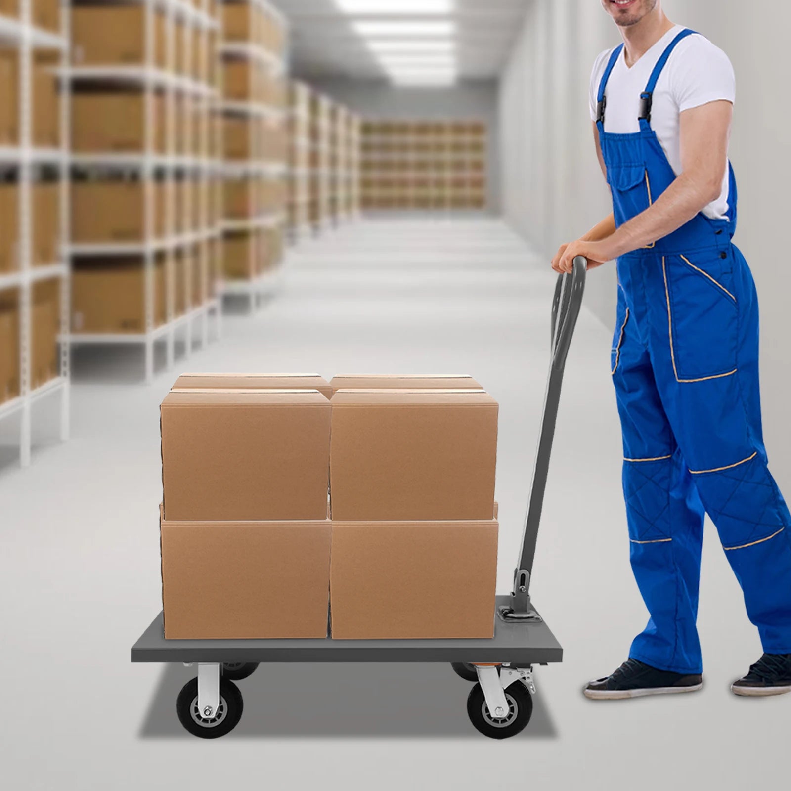 2000lbs  Steel Plate Cart  with Front Handle 360 Degree Swivel Gray 36*24in Dolly Cart with Wheels Heavy Duty 91.4*61*108.2cm