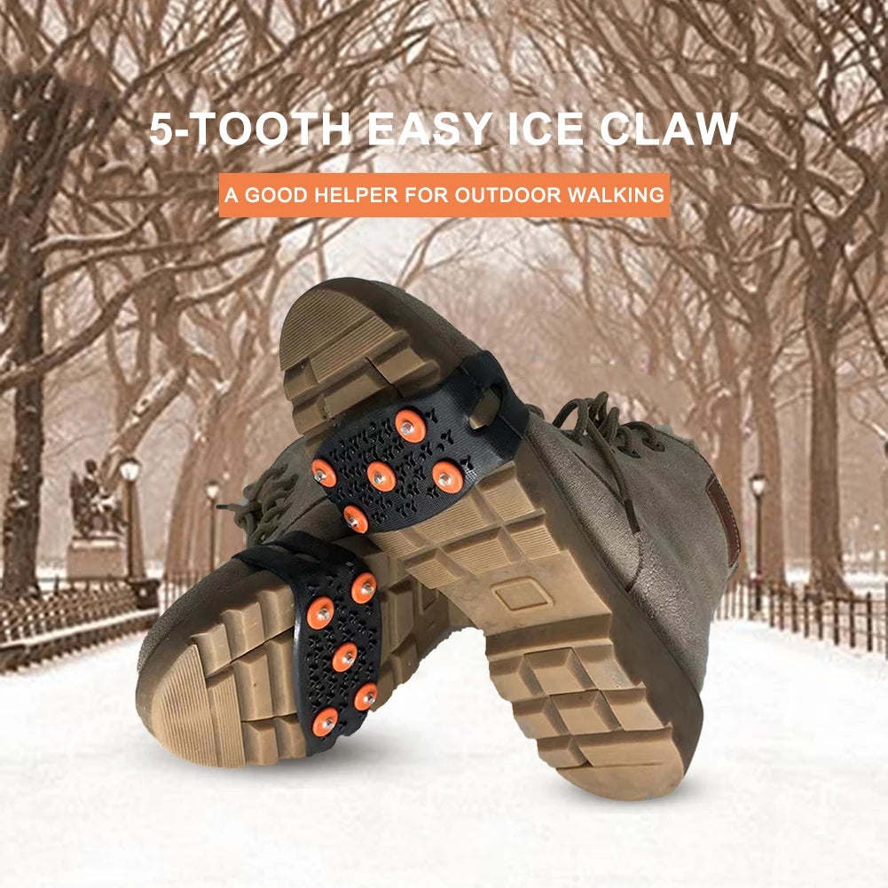 1-10Pair 5-Stud Anti Slip Crampons Snow Claw Shoe Covers Chain Spikes for Winter Walking Hiking Climbing Mountaineering Sports