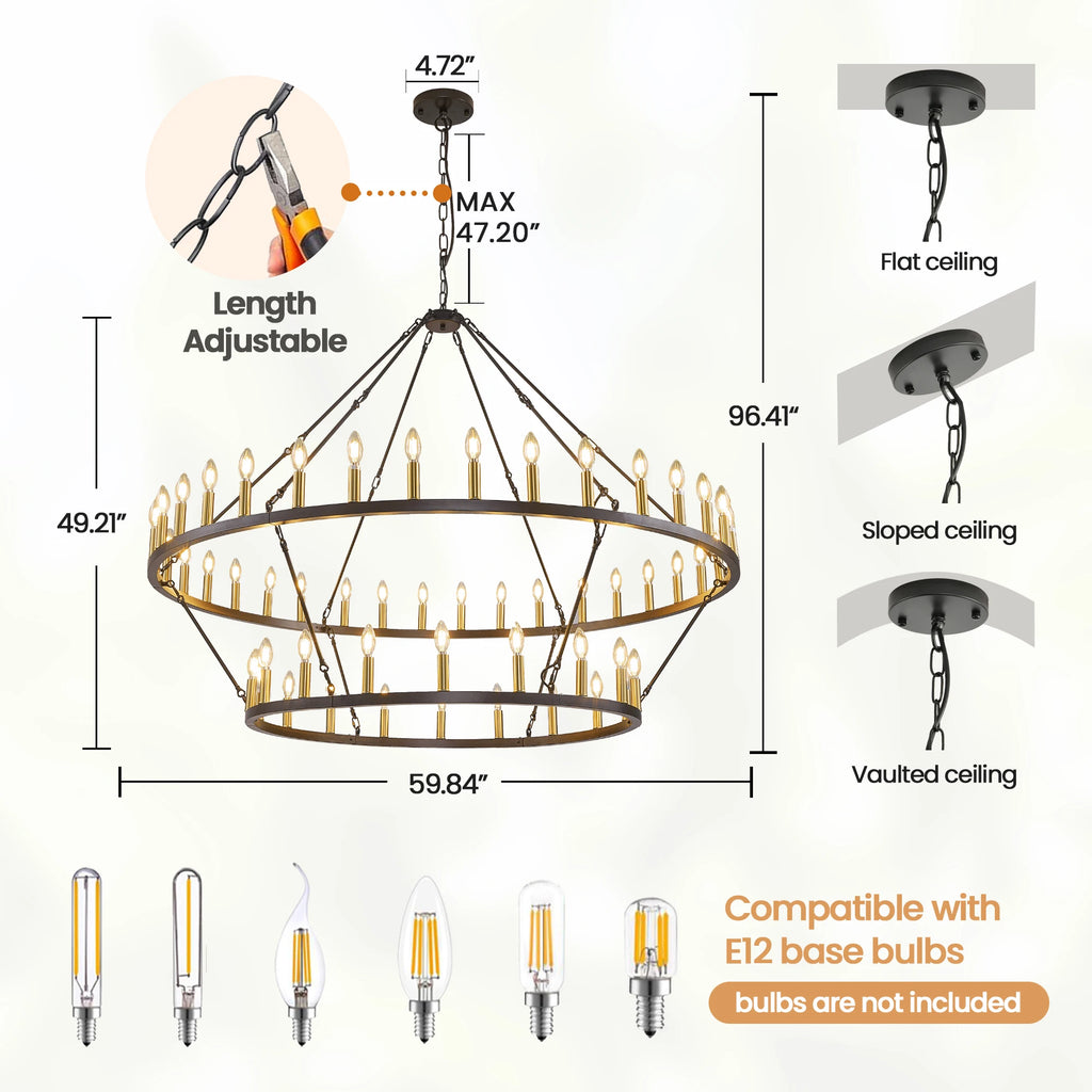 60'' Extra Large Wagon Wheel Chandelier 2 Tier 54-Light Farmhouse Pendant Light Fixture Round  Hanging Lighting for High Ceiling