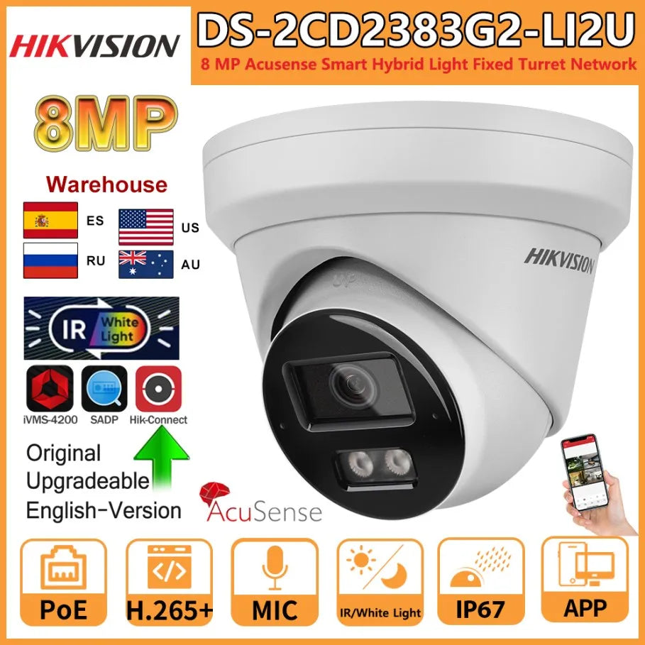 Hikvision 8MP IP Camera DS-2CD2383G2-LI2U Smart Hybrid Light Acusense Built-in Arrayed Dual Mic Colorful Turret Network Camera
