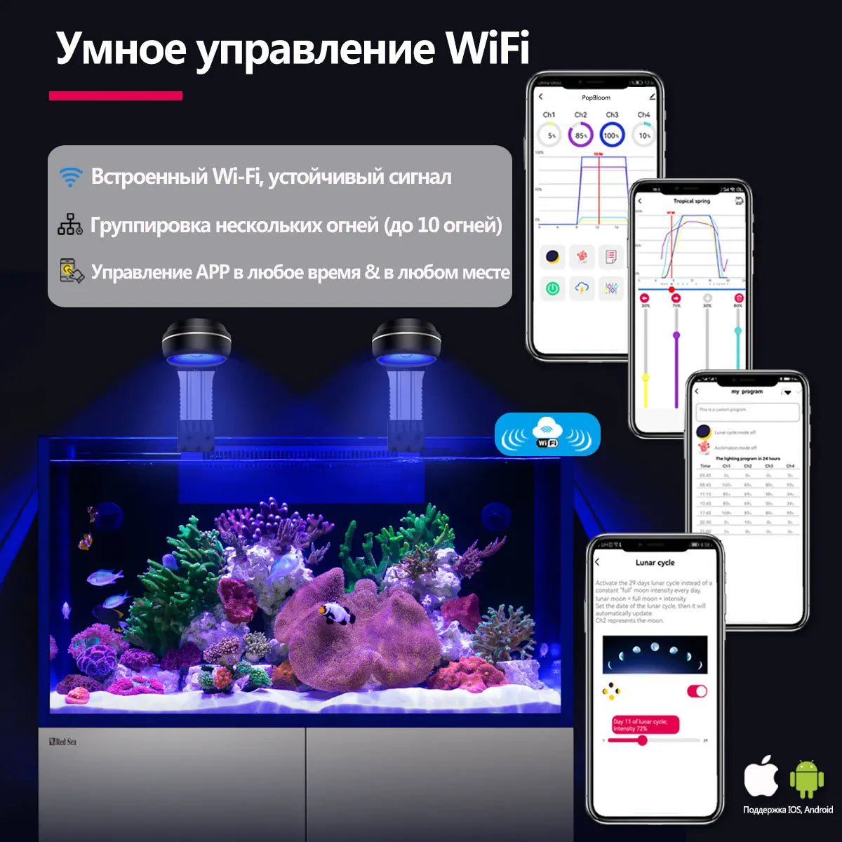 PopBloom-Marine Aquarium Light 60W/100W, Reef Aquarium LED Lamp for 30-70cm Reef Coral SPS LPS Saltwater Tank