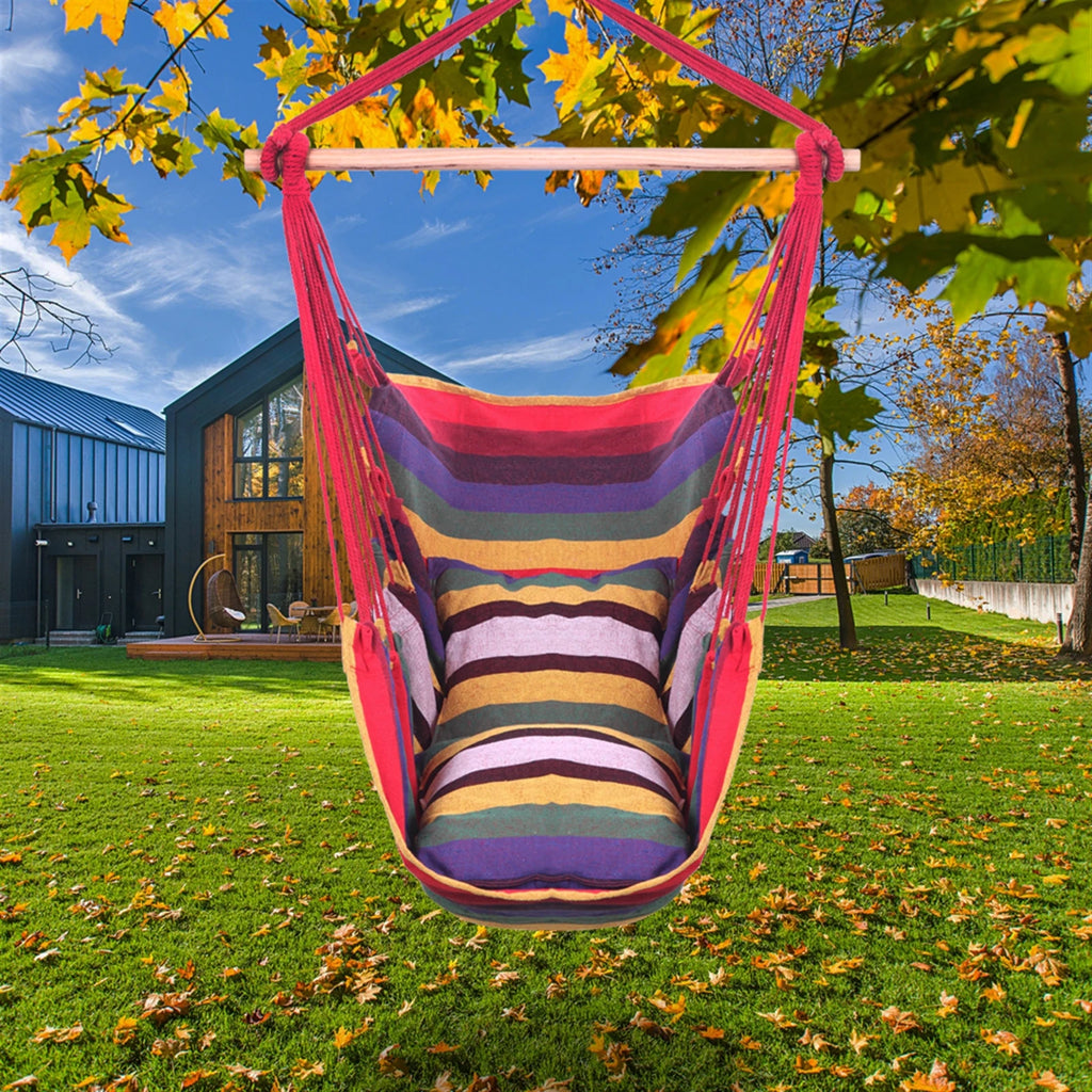 Distinctive Cotton Canvas Hanging Rope Chair With Pillows Rainbow Durable Long Lasting Wear-resistant Construction