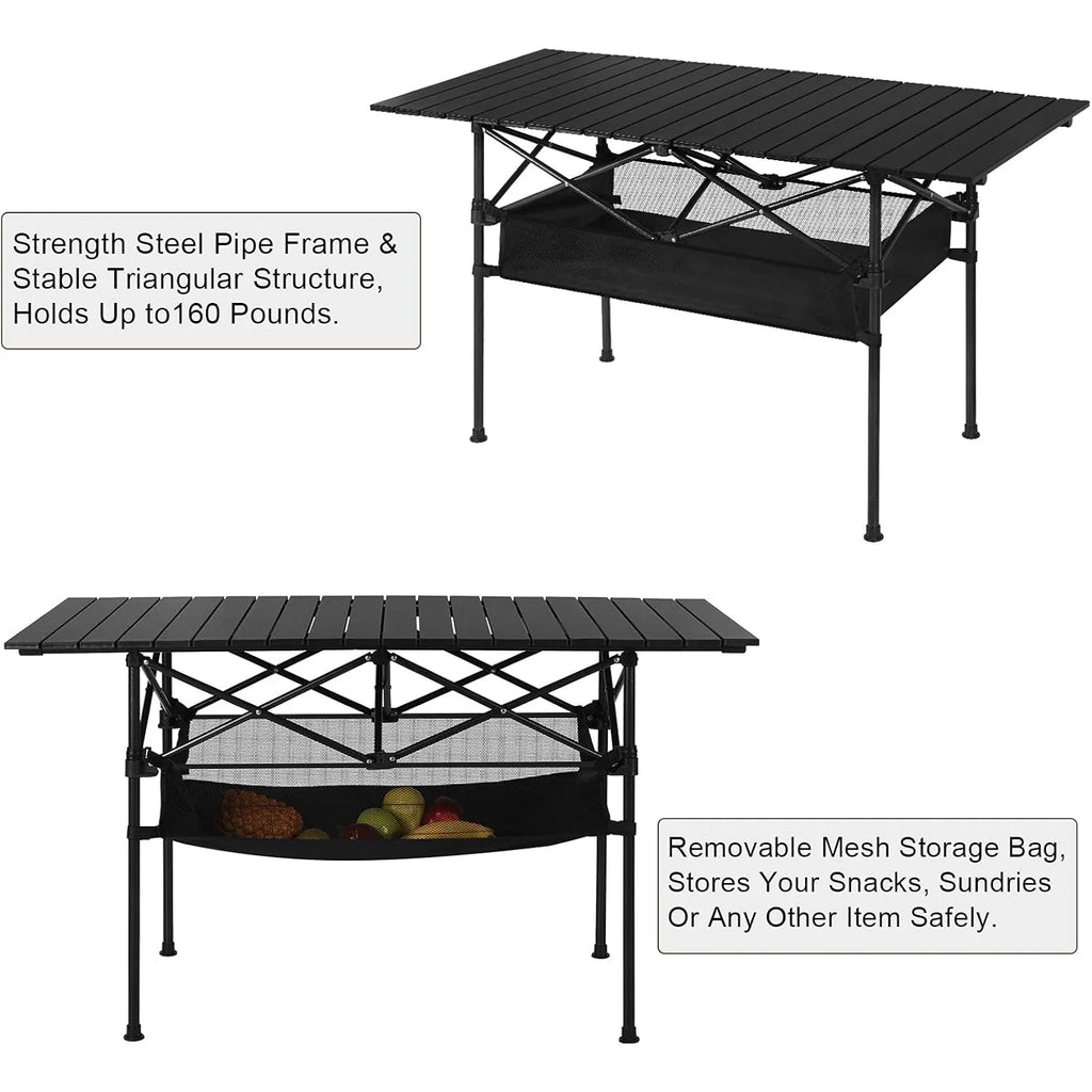 Portable Aluminum Roll-Up Camping Table - 46x27x22in Compact Backpacking Table, Lightweight Picnic Table for Outdoor (Black)