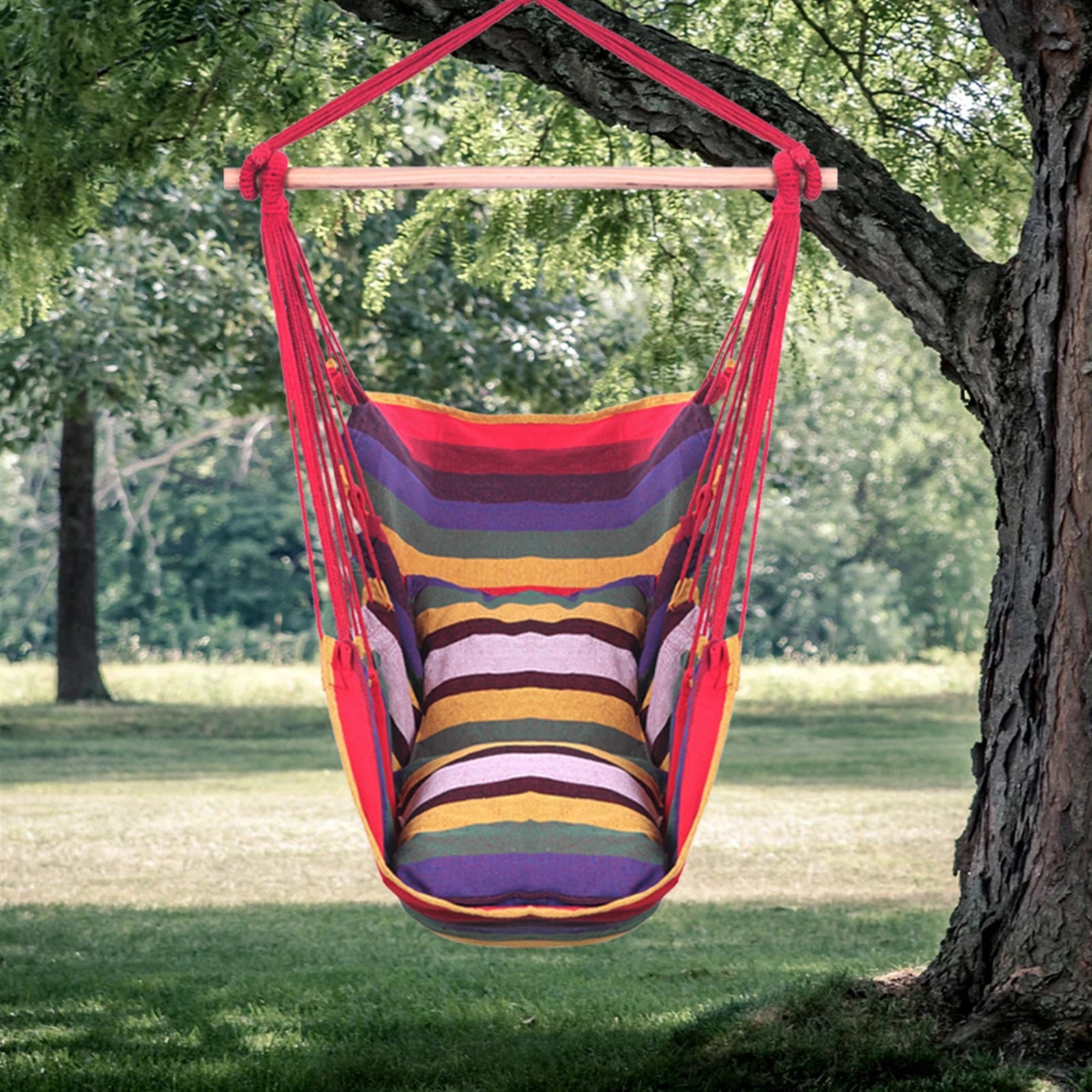 Distinctive Cotton Canvas Hanging Rope Chair With Pillows Rainbow Durable Long Lasting Wear-resistant Construction