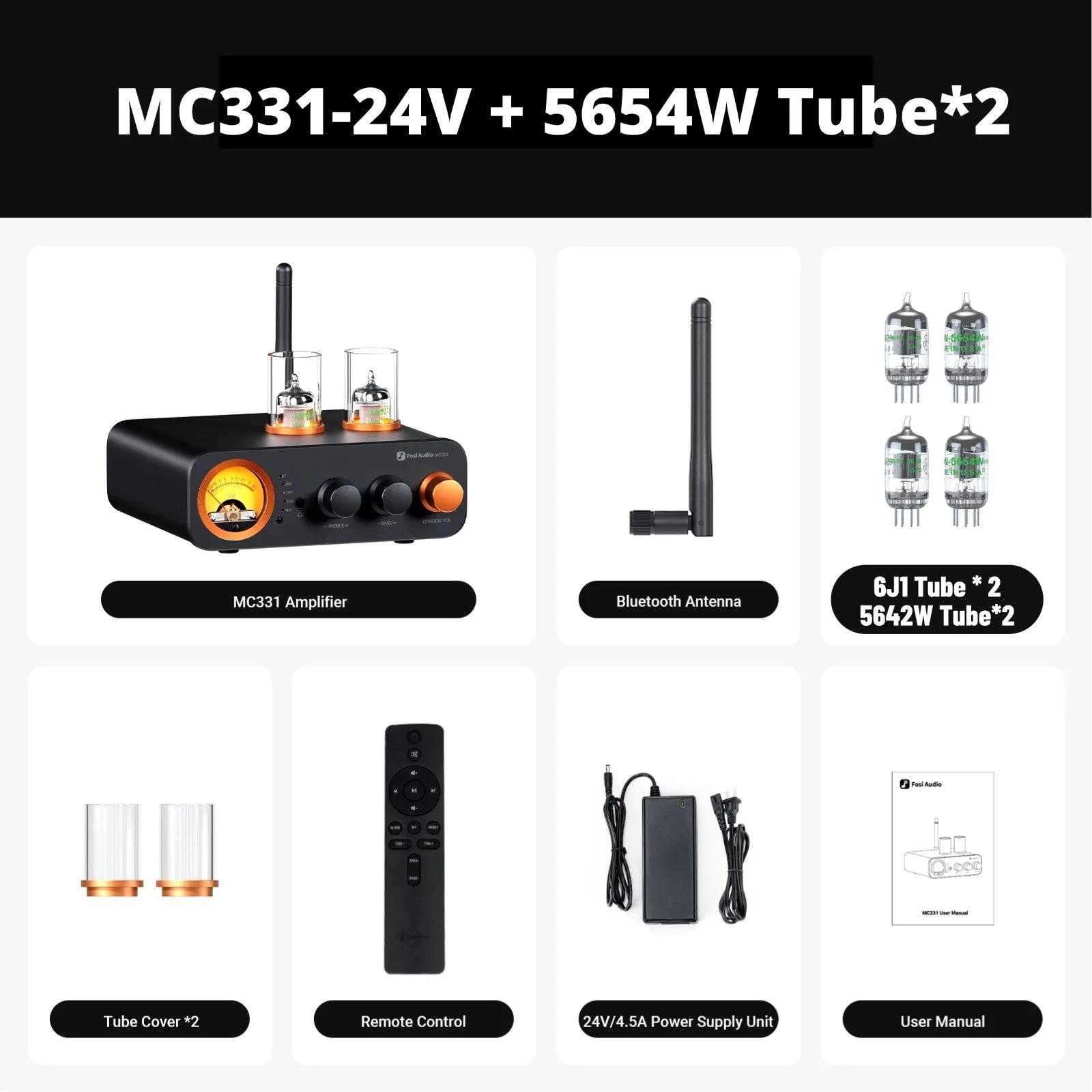 Fosi Audio MC331 2.0 Channel Bluetooth Stereo Integrated Tube Amplifier, Mini All-in-One DAC Audio Power Amp for Passive Speaker