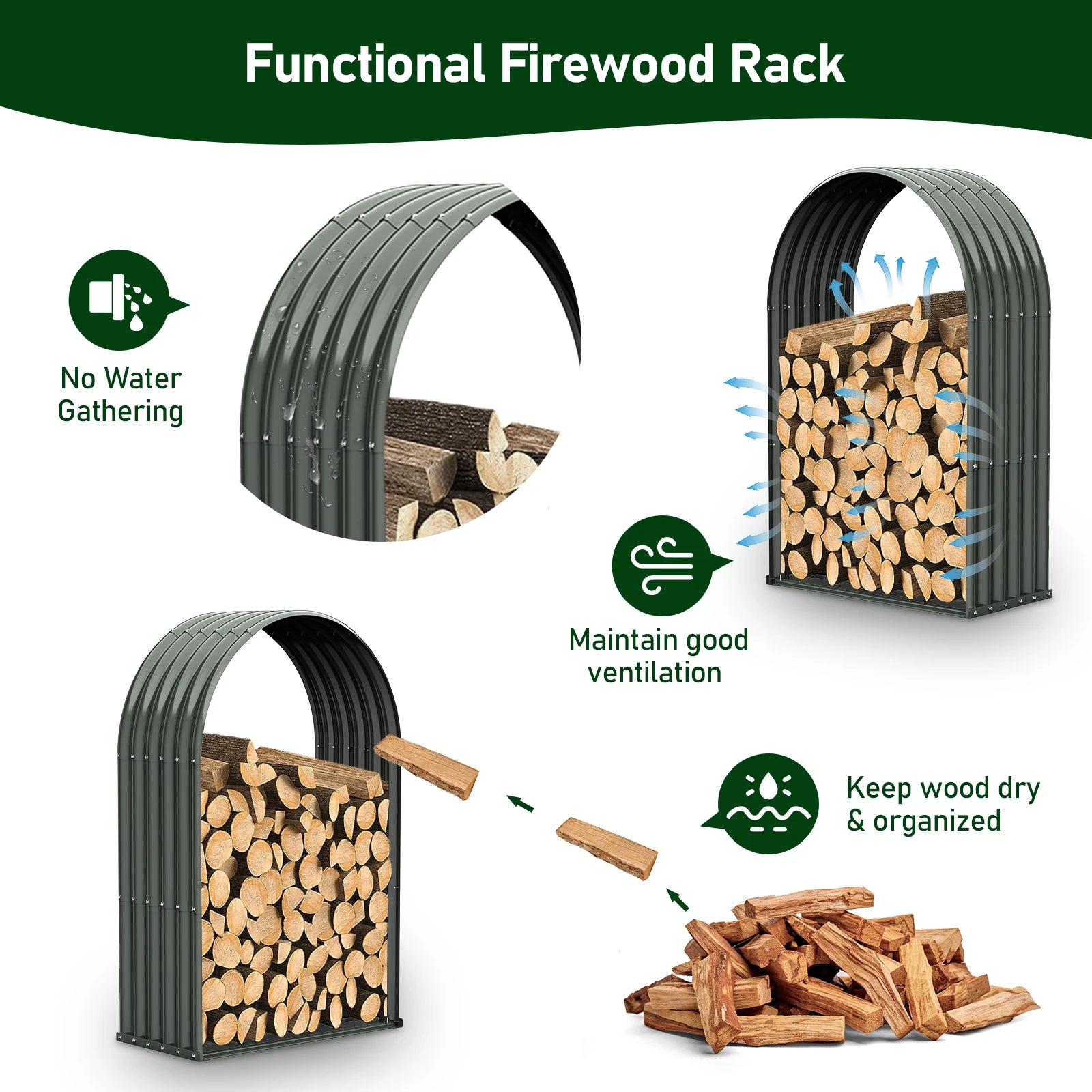 Galvanized Steel Firewood Storage Shed Outdoor Corrugated Metal Log Rack, Heavy Duty Log holder Lumber Storage Stand