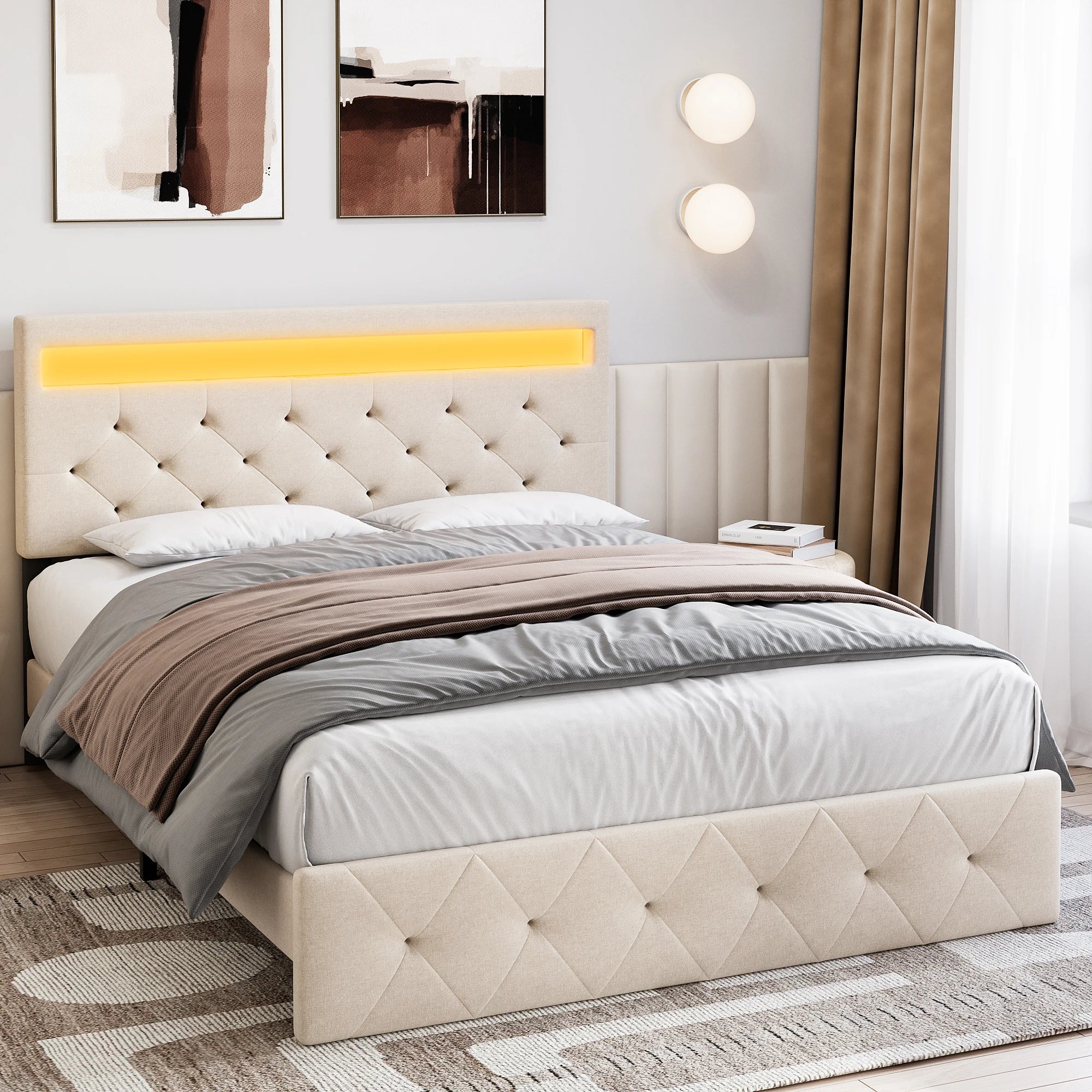 Full Bed Frame with LED Lights Headboard, LED Bed Frame with Fast-Charging USB Port, Upholstered Platform Bed Frame,Easy Assembl