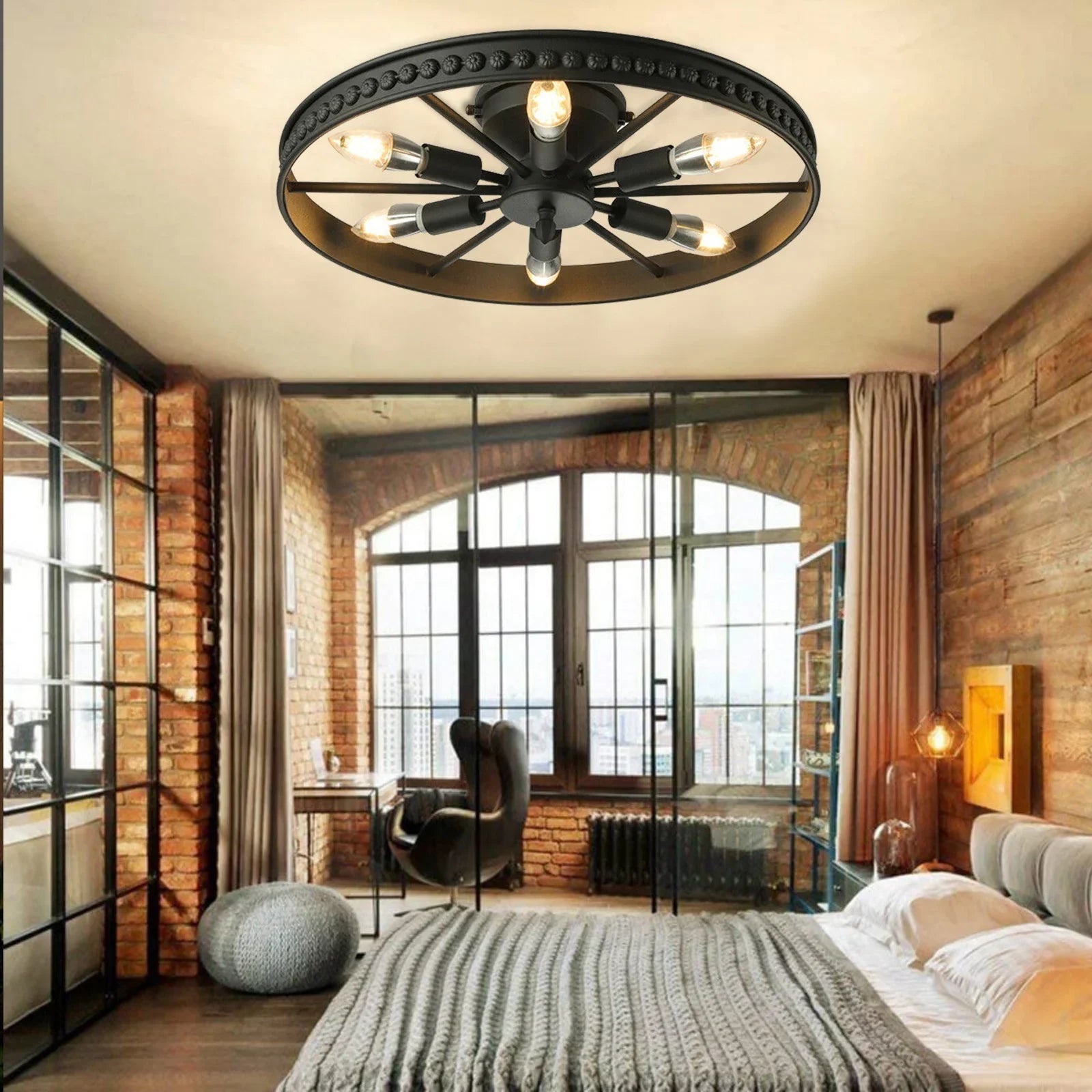 Semi-recessed Industrial Wagon Wheel Chandelier Rustic Ceiling Light Indoor Lighting Fixture With 6 Lamp Holders For Kitchen Bar