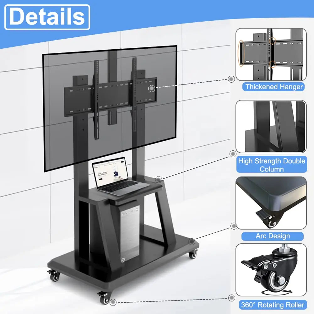 Rolling TV Cart, Height Adjustable Floor TV Stand for 32-70 Inch Screens up to 176.37 lbs, Mobile TV Stand with Rolling Casters