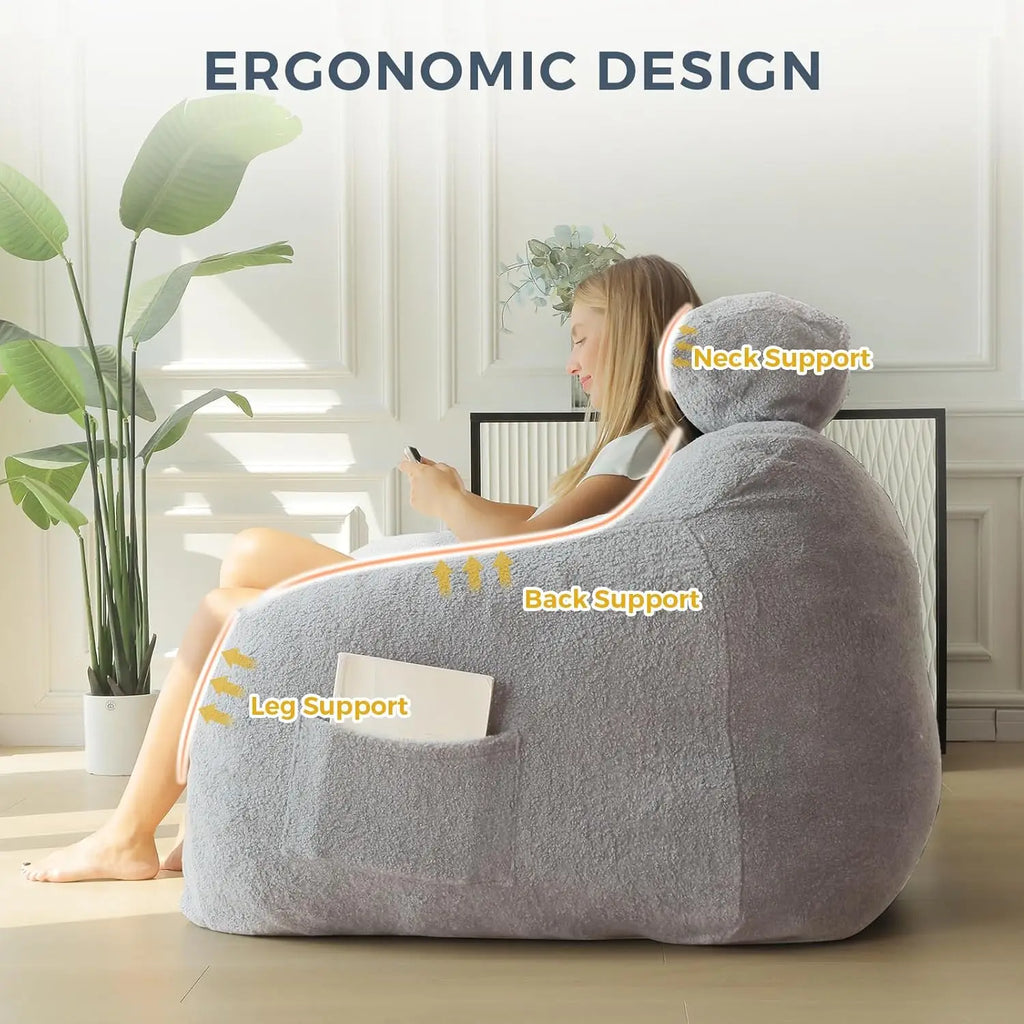 Maxyoyo Giant Bean Bag Chair With Pillow, Boucle Bean Bag Sofa For Adults,Large Upholstered Bean Bag Couch Lazy Sofa With