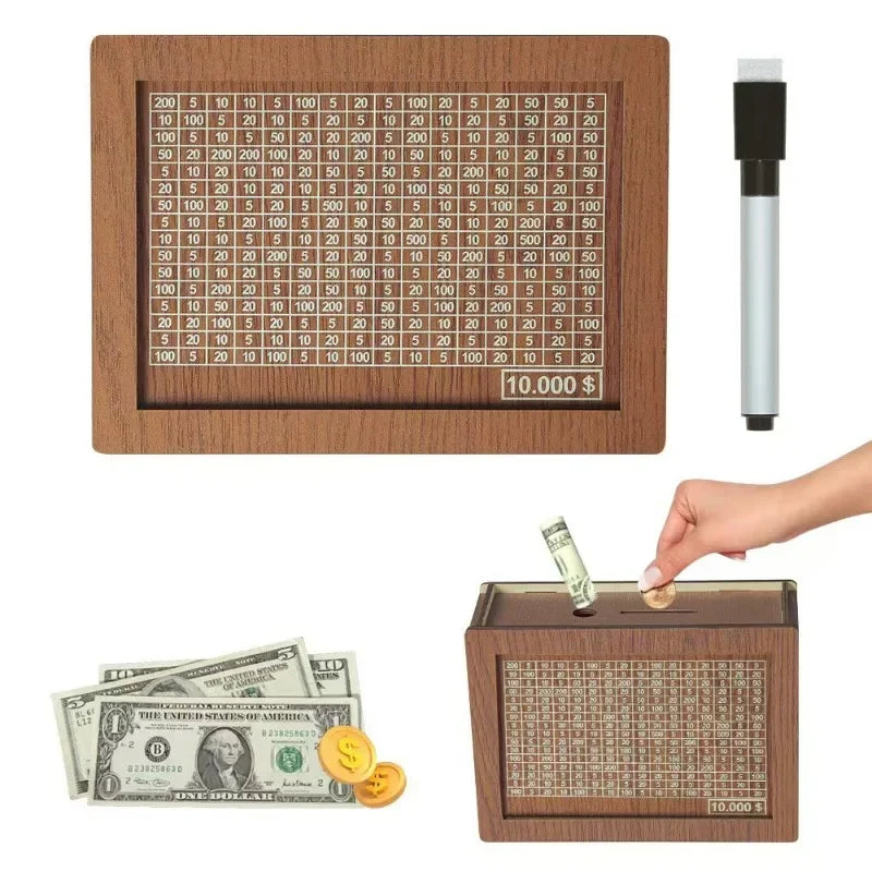 $10,000 Cash Vault Wooden Savings Box, Wooden Cash Savings Box, Adult Savings Box Coin Counter - Money Goals and Figures