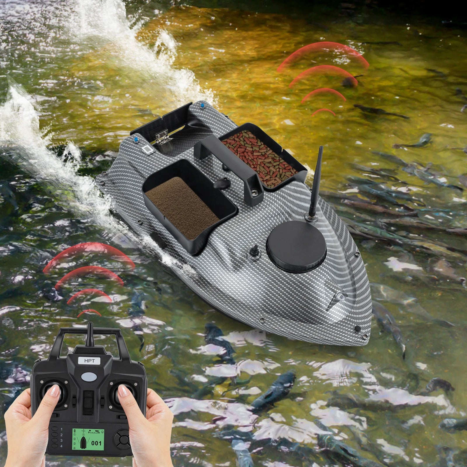 52W Fishing Bait Boat LCD Screen Wind and Wave Resistance RC Fishing Boat LED Bait Boat for Fishing Hook Delivery, Net Pulling