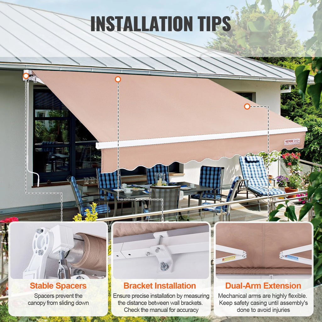 SucceBuy Manual Retractable Awning Outdoor  Retractable Sun Shade Water-Resistant Polyester Patio Door Window for Backyard