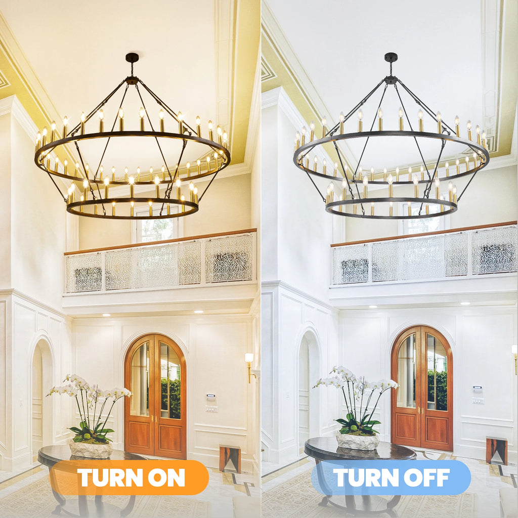 60'' Extra Large Wagon Wheel Chandelier 2 Tier 54-Light Farmhouse Pendant Light Fixture Round  Hanging Lighting for High Ceiling