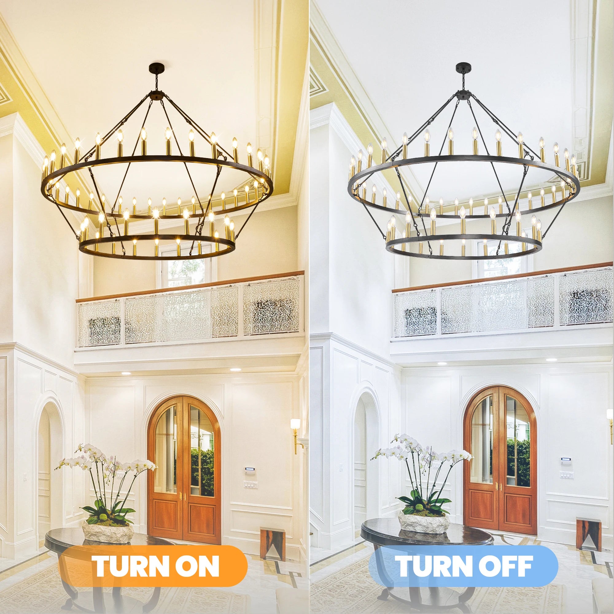 60'' Extra Large Wagon Wheel Chandelier 2 Tier 54-Light Farmhouse Pendant Light Fixture Round  Hanging Lighting for High Ceiling