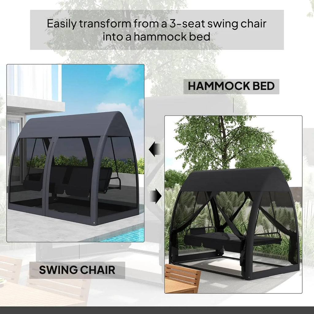 3-Seat Patio Swing Chair, Porch Swing Bed With Convertible Backrest, Cushion, Canopy, Side Pocket & Mesh Netting For Patio,