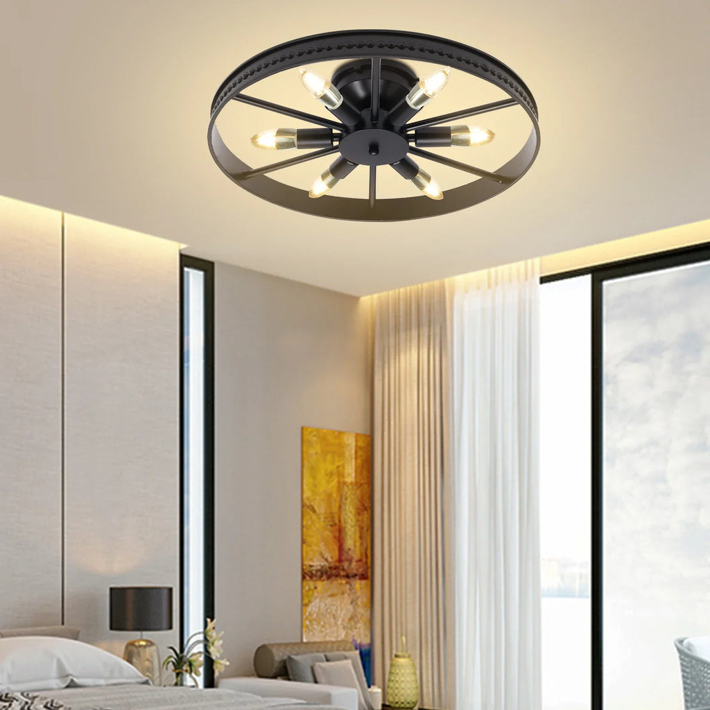 Semi-recessed Industrial Wagon Wheel Chandelier Rustic Ceiling Light Indoor Lighting Fixture With 6 Lamp Holders For Kitchen Bar