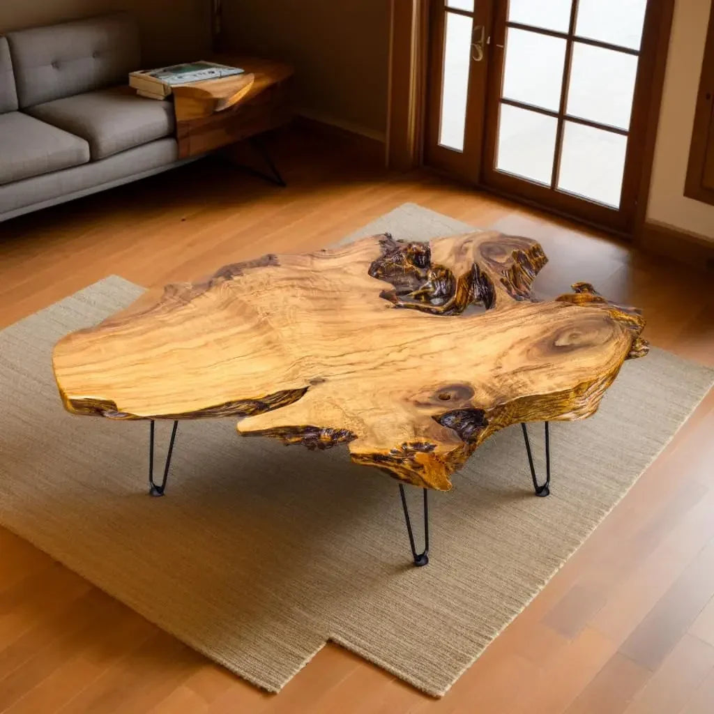 Natural Wood Coffee Table with Clear Lacquer Finish and Metal Hairpin Legs for Living Room - 16" Tall - Mesa de Centro para Sala