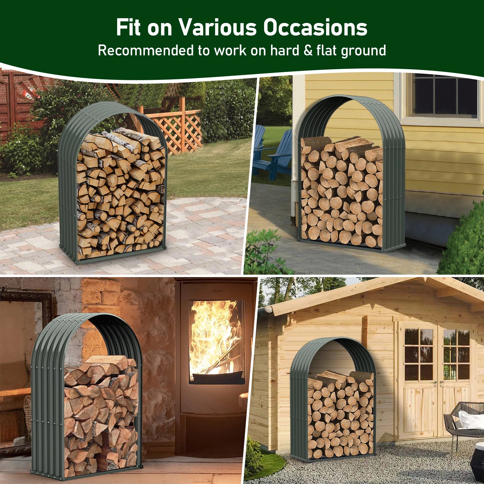 Galvanized Steel Firewood Storage Shed Outdoor Corrugated Metal Log Rack, Heavy Duty Log holder Lumber Storage Stand