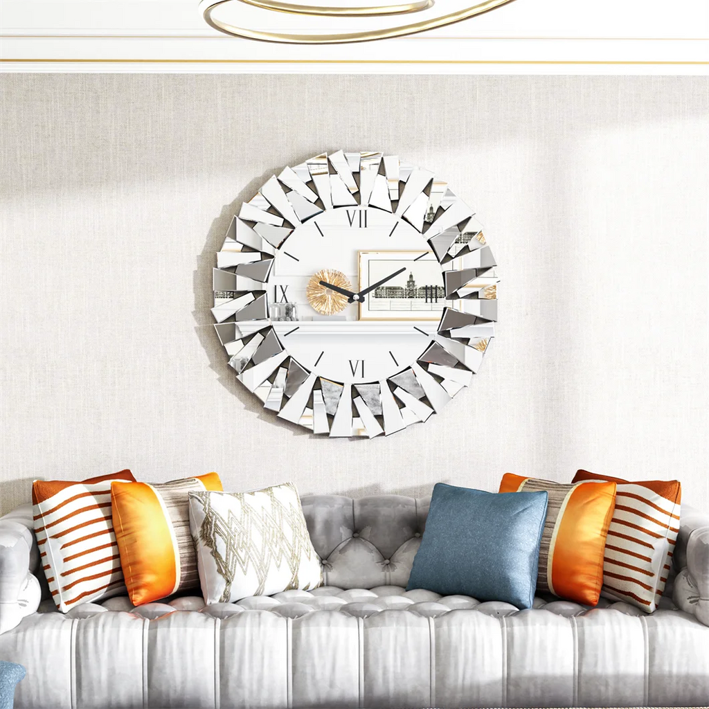 Large Wall Clock 3D Mirrored Clocks Sunburst Edge 32"/80CM Round Roman Numeral Modern Living Room Dining Room Fireplace Decor