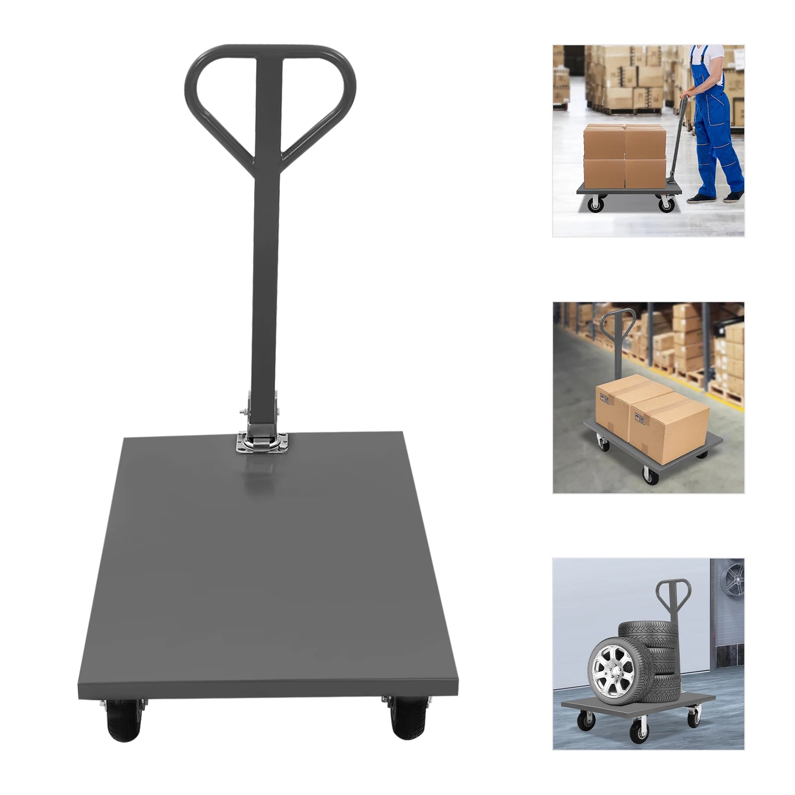 2000lbs  Steel Plate Cart  with Front Handle 360 Degree Swivel Gray 36*24in Dolly Cart with Wheels Heavy Duty 91.4*61*108.2cm