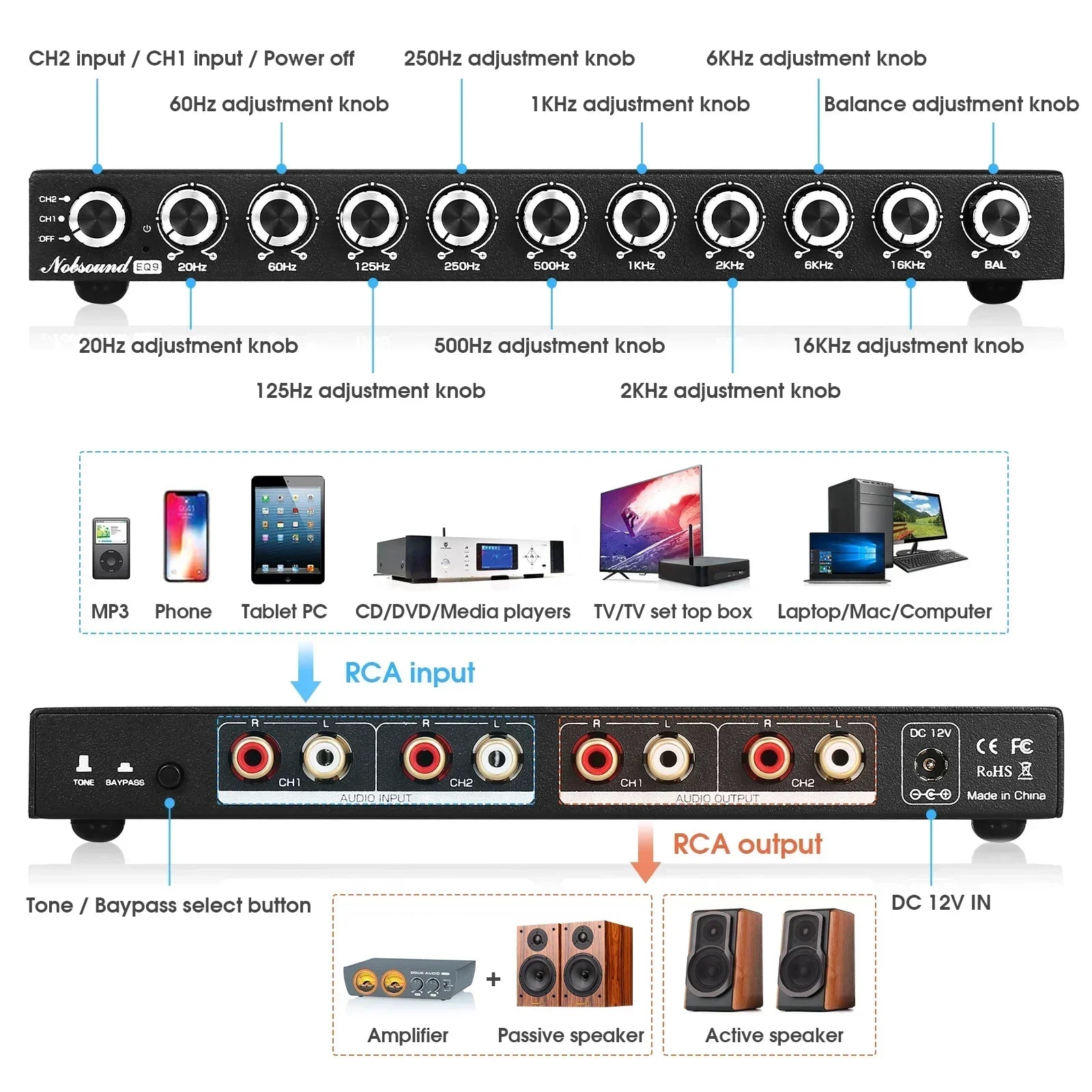 Nobsound HiFi EQ9 9-Band Stereo EQ Preamp Analog Pre-Amplifier Equalizer Audio Processor for Home/Car