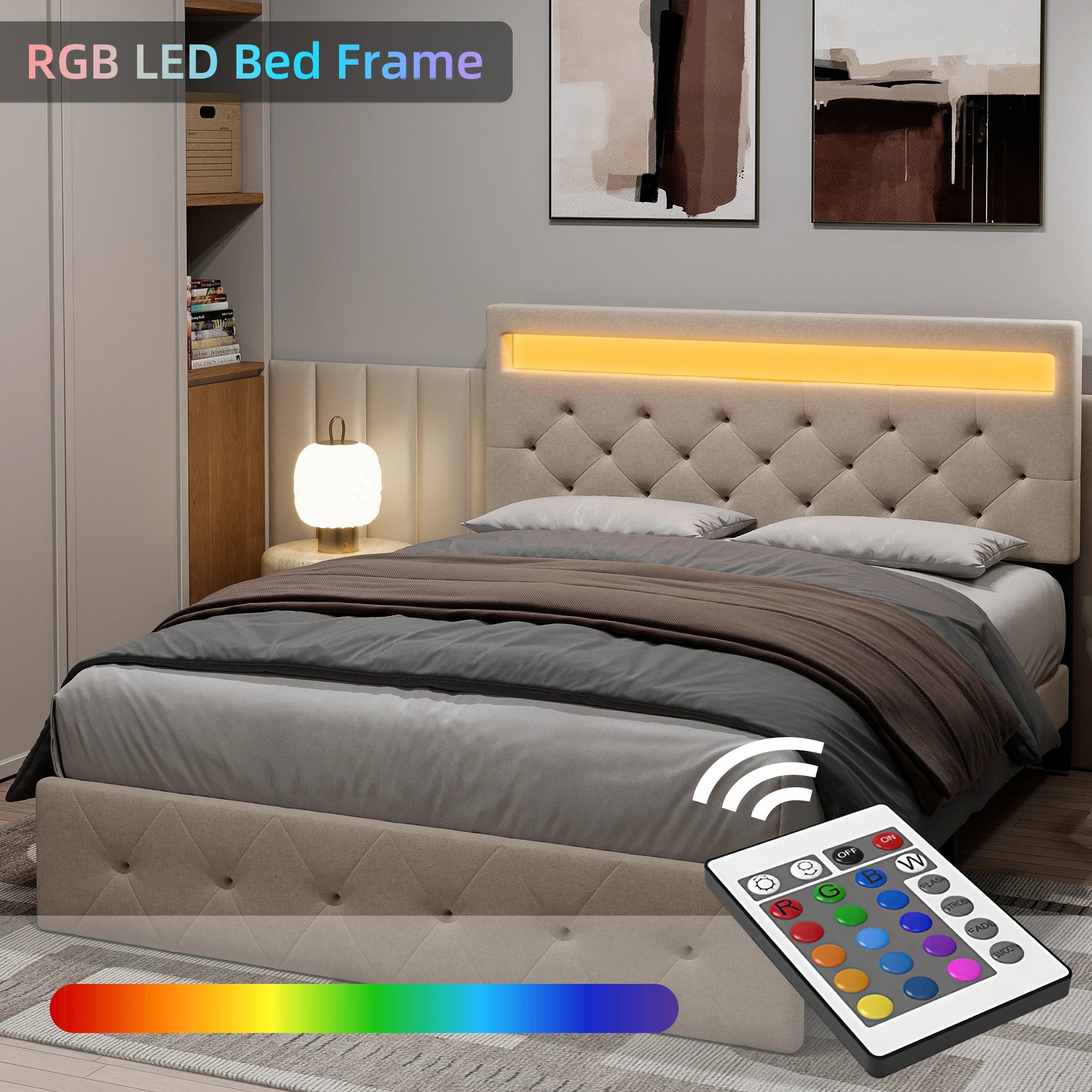 Full Bed Frame with LED Lights Headboard, LED Bed Frame with Fast-Charging USB Port, Upholstered Platform Bed Frame,Easy Assembl