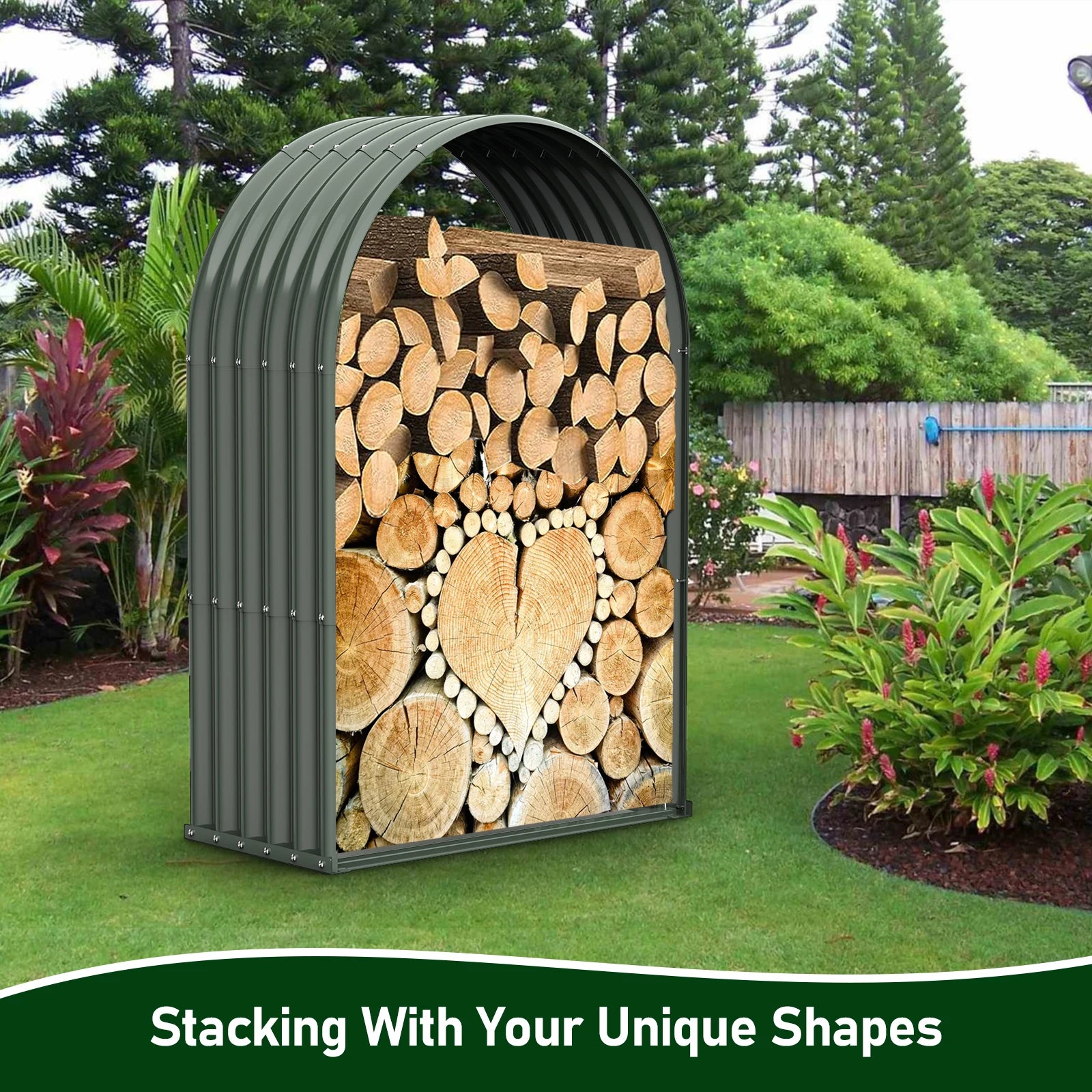 Galvanized Steel Firewood Storage Shed Outdoor Corrugated Metal Log Rack, Heavy Duty Log holder Lumber Storage Stand