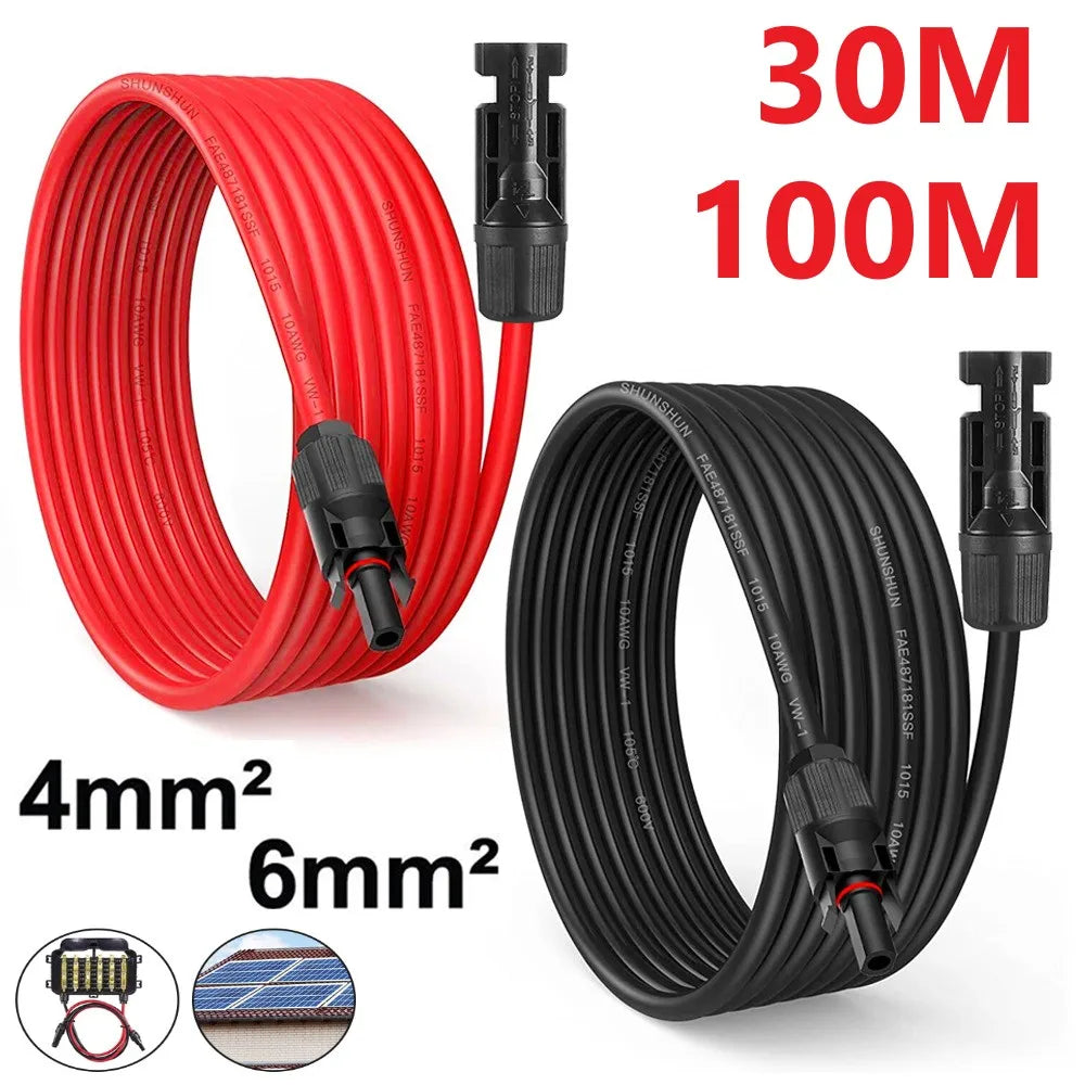 PowMr 6mm² 30m 100m Solar PV Cable Black Red 10AWG Solar PV Wire IP68 Extension Solar System Photovoltaic System TUV Copper Wire