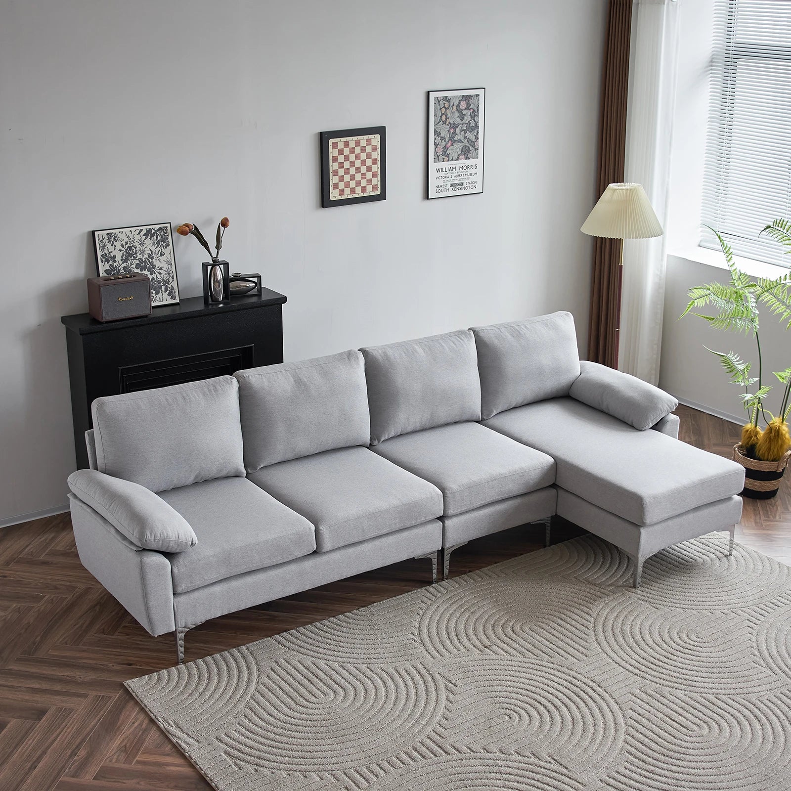 280 *140 *86cm L-Shaped Glossy With Iron Legs 4-Seater Indoor Modular Sofa Light Gray