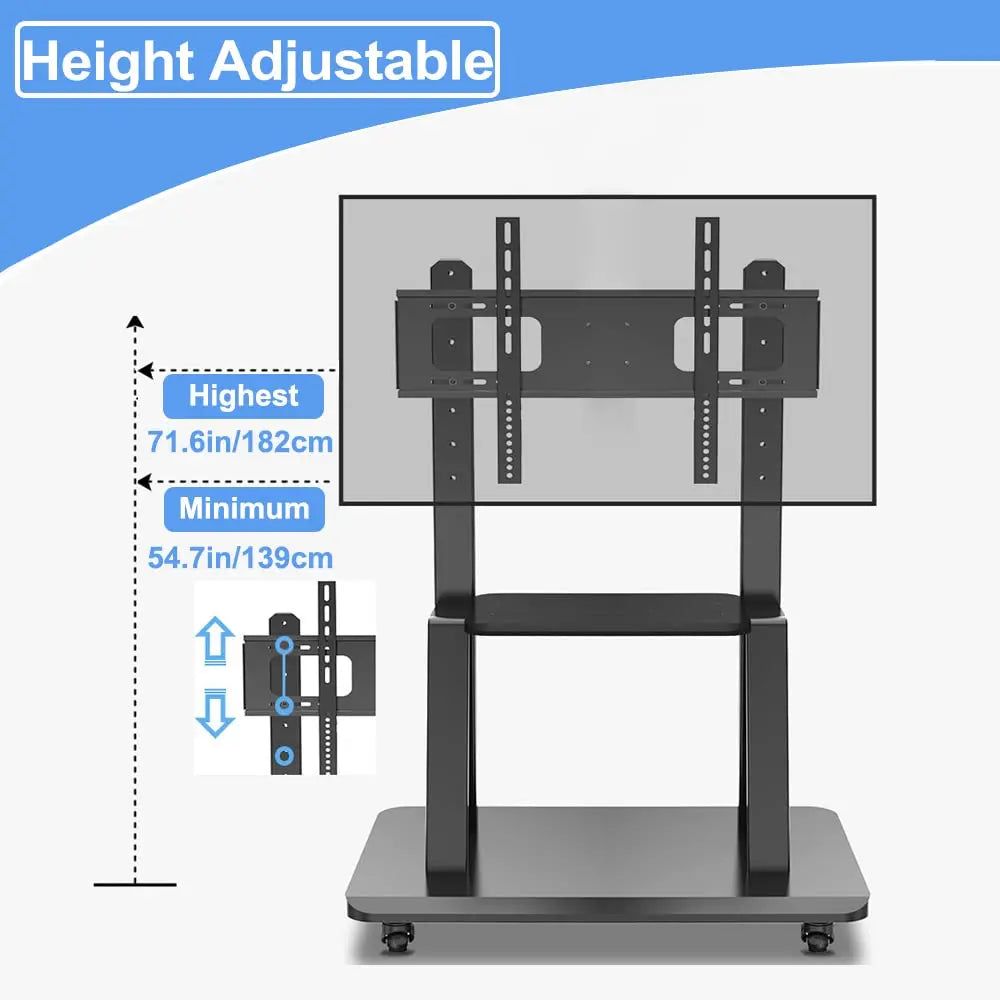 Rolling TV Cart, Height Adjustable Floor TV Stand for 32-70 Inch Screens up to 176.37 lbs, Mobile TV Stand with Rolling Casters