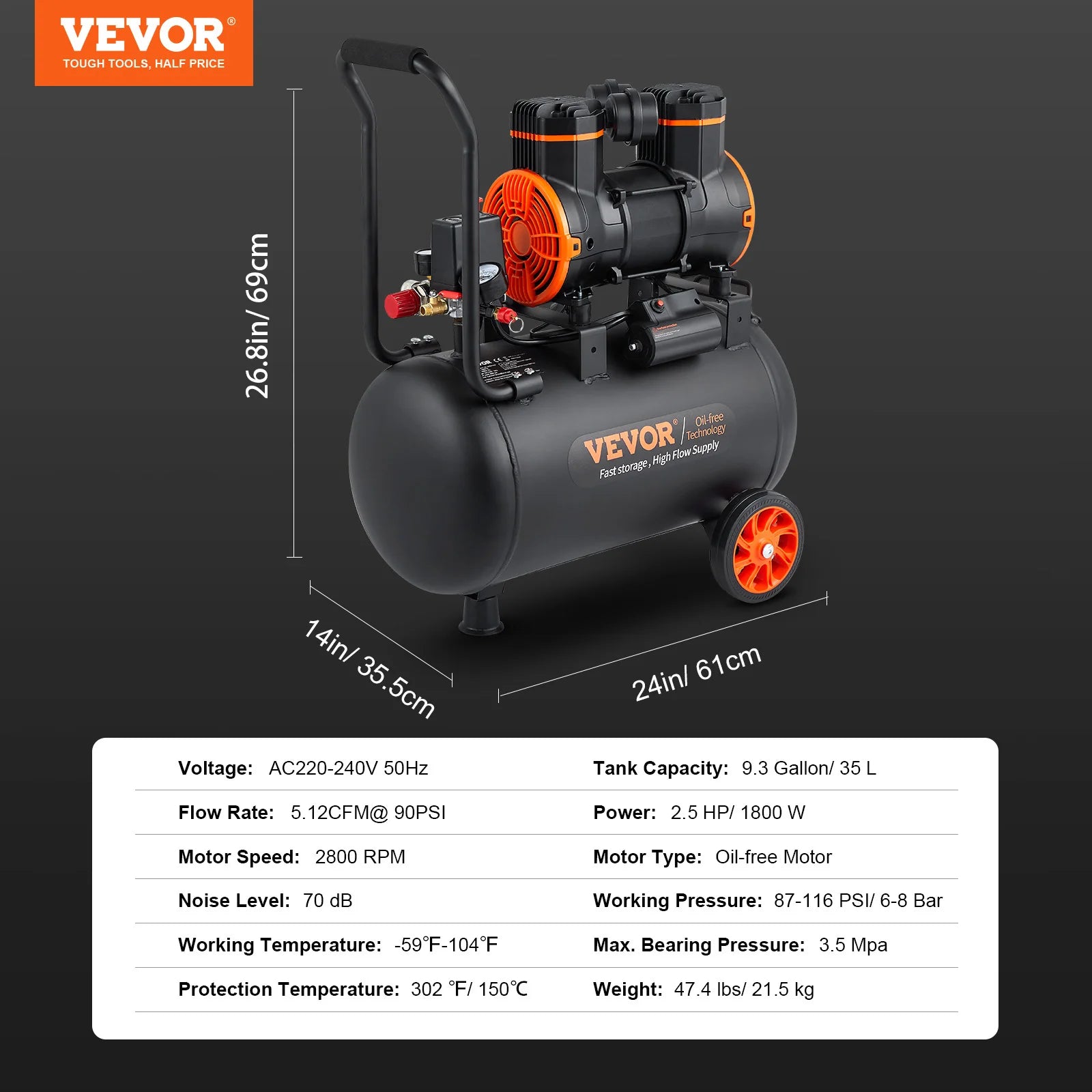 SucceBuy Silent Air Compressor 9L 18L 24L 35L Quiet Oil-free Portable Air Pump for Home Repair Tire Inflation Whisper Compressor