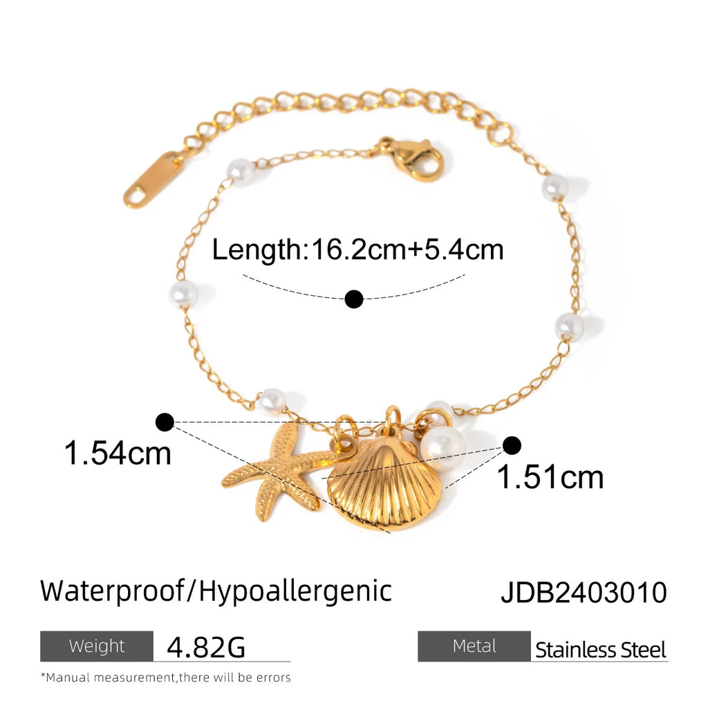 Fashion Jewelry 18K Gold Stainless Steel Pearl Chain with Summer Shell & Starfish Pendant Bracelet