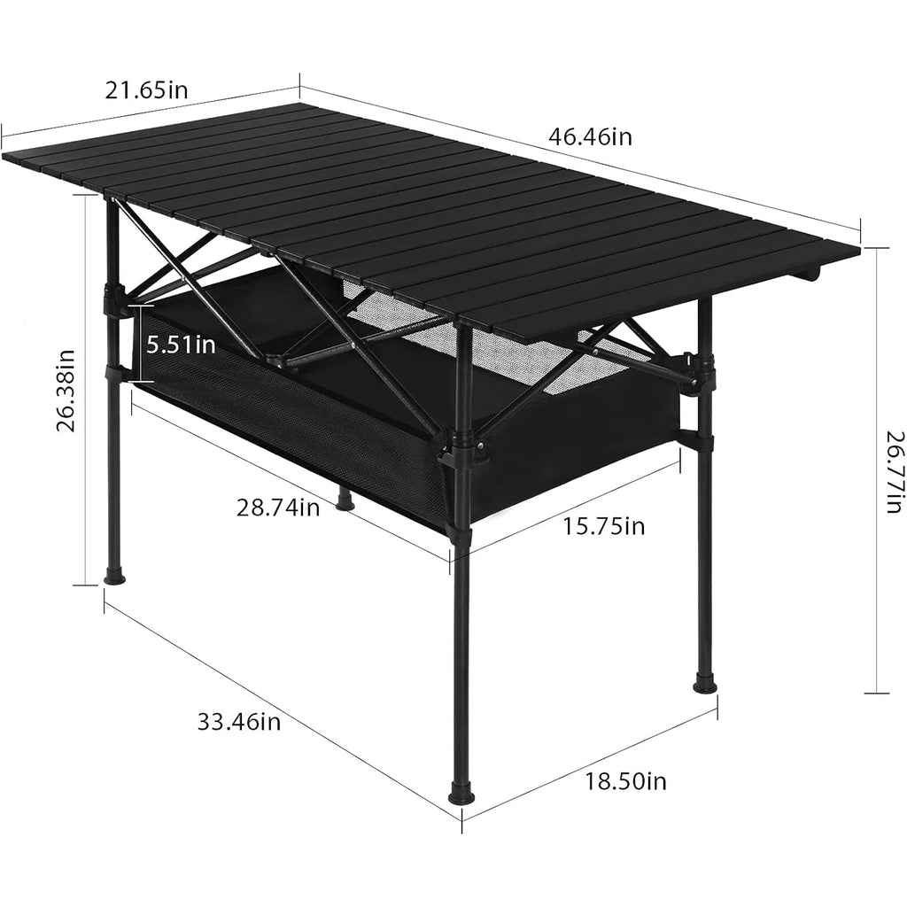 Portable Aluminum Roll-Up Camping Table - 46x27x22in Compact Backpacking Table, Lightweight Picnic Table for Outdoor (Black)