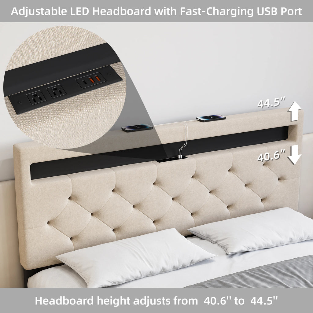 Full Bed Frame with LED Lights Headboard, LED Bed Frame with Fast-Charging USB Port, Upholstered Platform Bed Frame,Easy Assembl