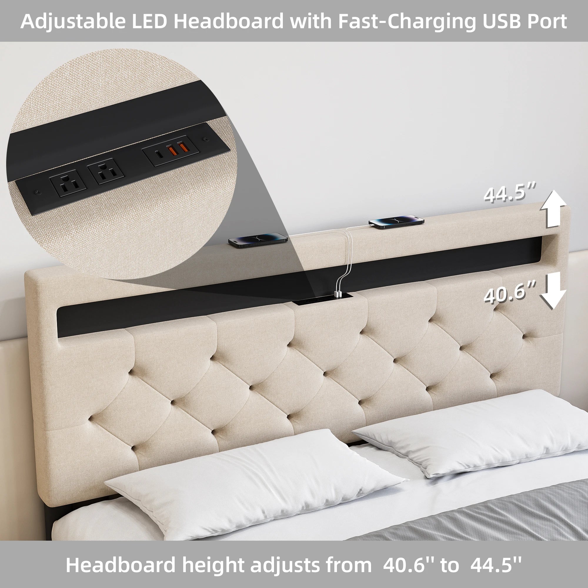 Full Bed Frame with LED Lights Headboard, LED Bed Frame with Fast-Charging USB Port, Upholstered Platform Bed Frame,Easy Assembl