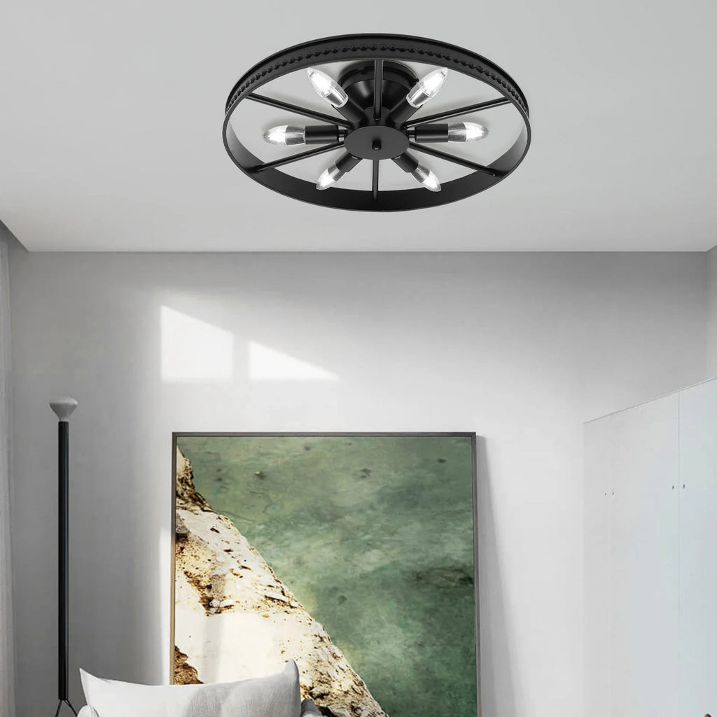 Semi-recessed Industrial Wagon Wheel Chandelier Rustic Ceiling Light Indoor Lighting Fixture With 6 Lamp Holders For Kitchen Bar