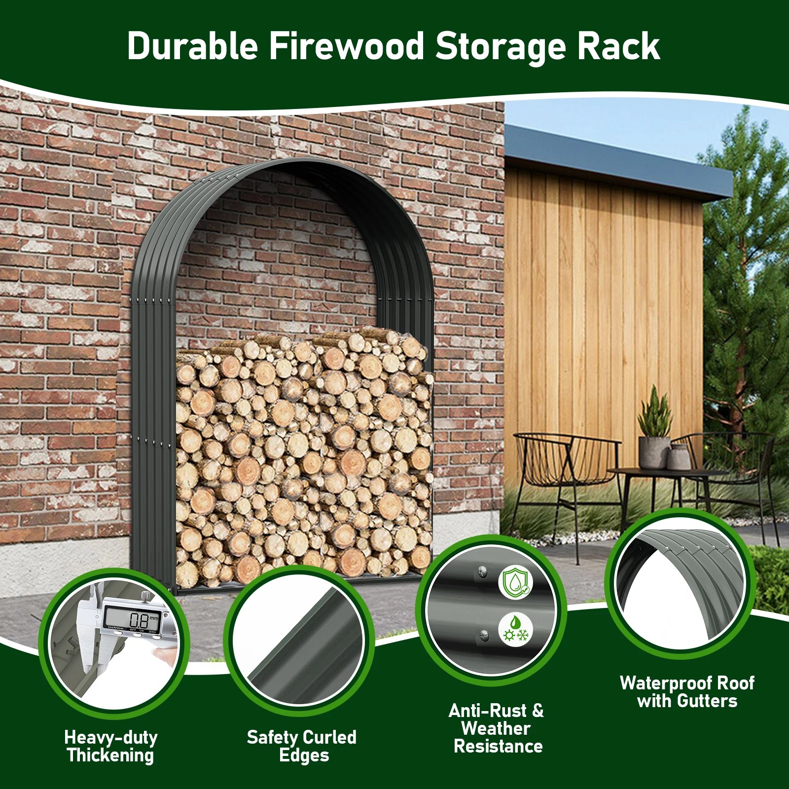 Galvanized Steel Firewood Storage Shed Outdoor Corrugated Metal Log Rack, Heavy Duty Log holder Lumber Storage Stand