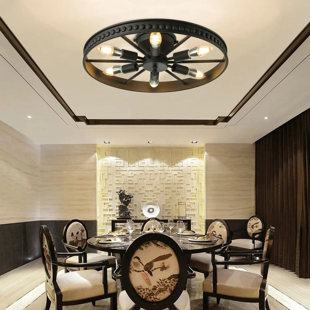 Semi-recessed Industrial Wagon Wheel Chandelier Rustic Ceiling Light Indoor Lighting Fixture With 6 Lamp Holders For Kitchen Bar
