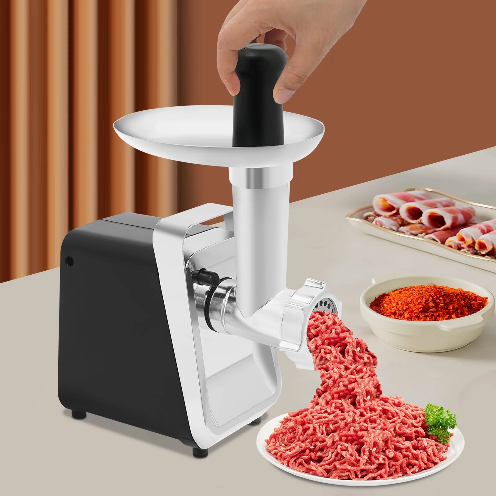 MG-S10 Full-Automatic Electric Meat Grinding Machine with 3 Cutter Heads, Food-Grade Material Sausage Stuffer Maker
