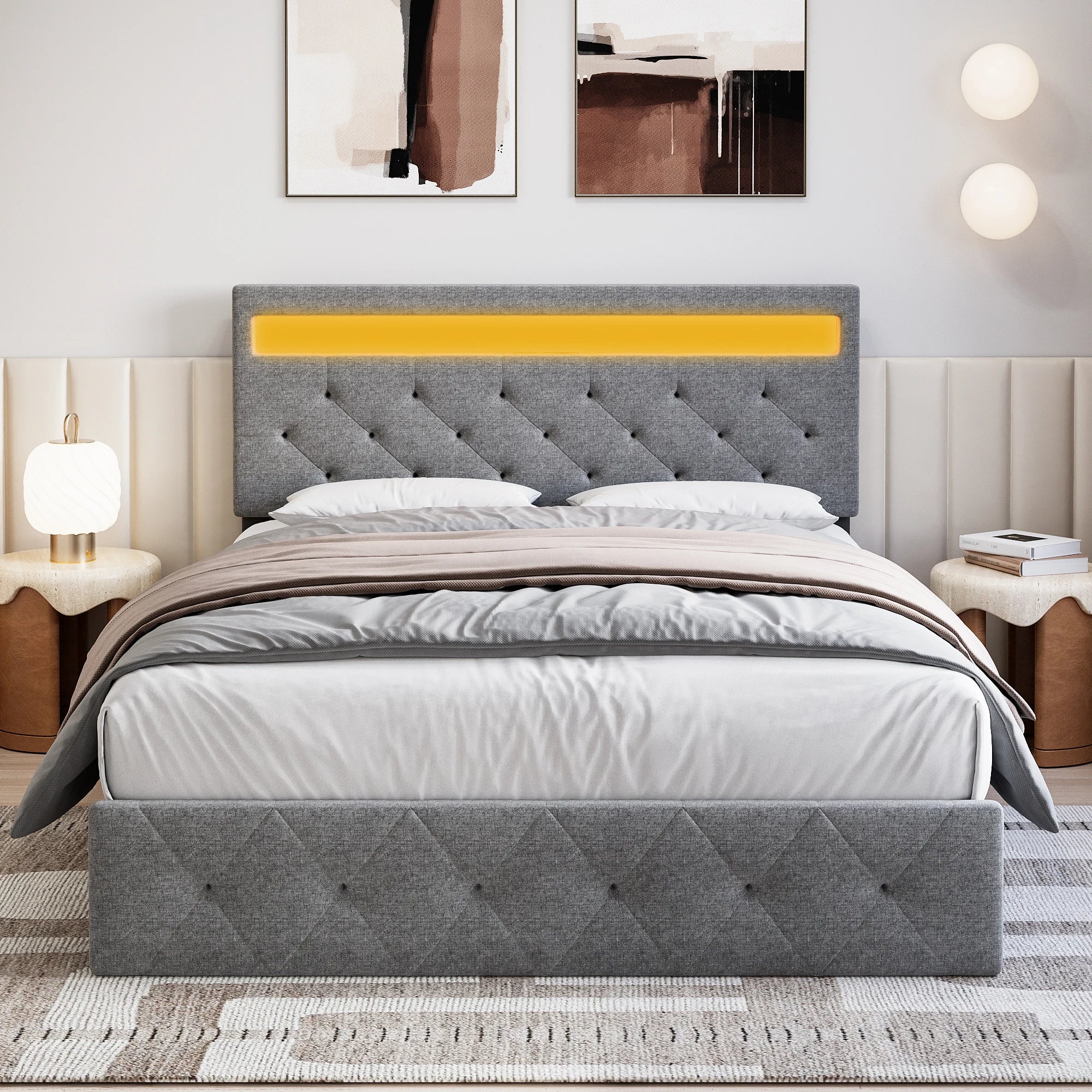 Full Bed Frame with LED Lights Headboard, LED Bed Frame with Fast-Charging USB Port, Upholstered Platform Bed Frame,Easy Assembl