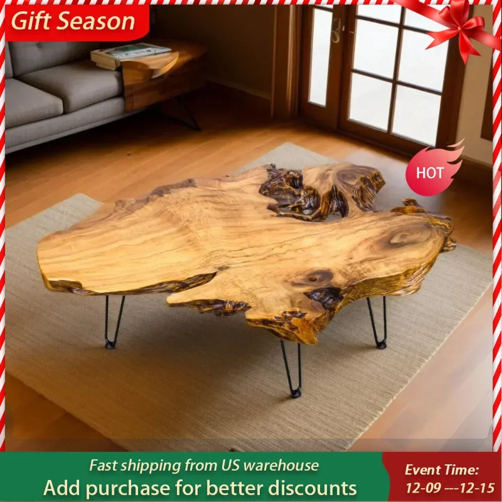 Natural Wood Coffee Table with Clear Lacquer Finish and Metal Hairpin Legs for Living Room - 16" Tall - Mesa de Centro para Sala