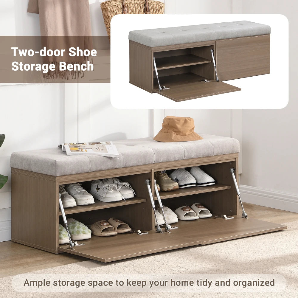 49" Shoe Storage Bench Entryway Shoe Cabinet Storage Ottoman Padded Seat Cushion Double Doors Entryway Hallway and Bedroom
