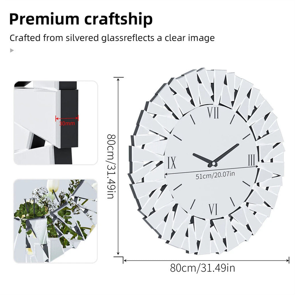 Large Wall Clock 3D Mirrored Clocks Sunburst Edge 32"/80CM Round Roman Numeral Modern Living Room Dining Room Fireplace Decor