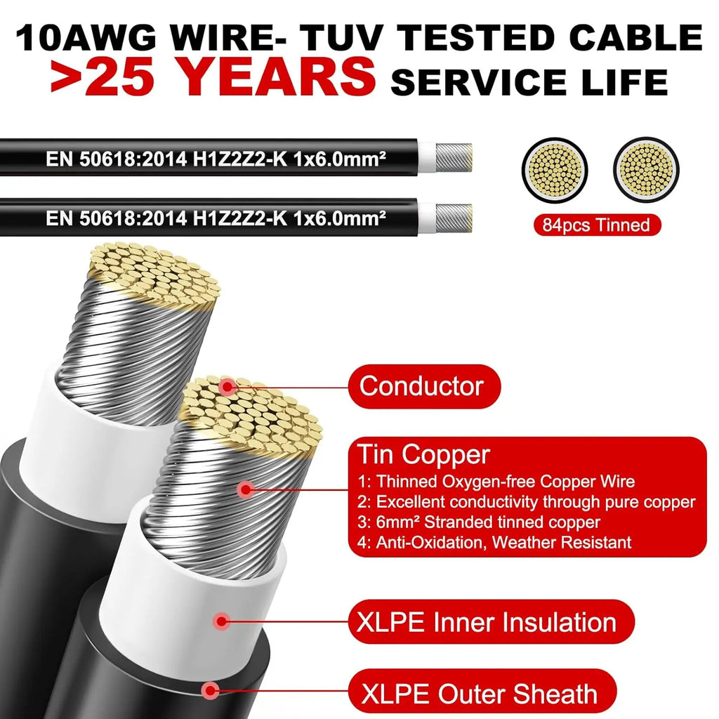 PowMr 6mm² 30m 100m Solar PV Cable Black Red 10AWG Solar PV Wire IP68 Extension Solar System Photovoltaic System TUV Copper Wire
